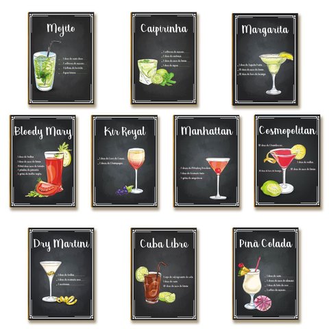 10 Quadros MDF Decoração Drinks e Coquetéis 28,7x22 BE1