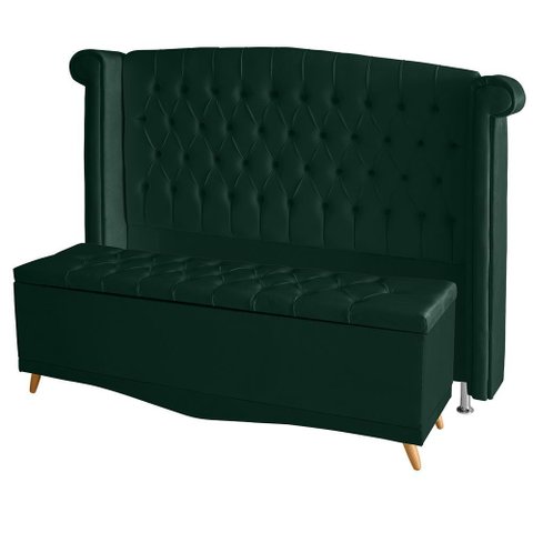 Kit de Quarto Cabeceira de Cama Box e Calçadeira Baú Toquio Casal 140 Cm Suede Verde do Lar Móveis