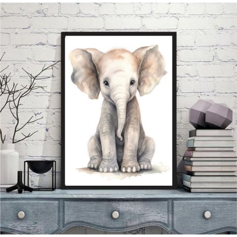 Quadro Arte Infantil Elefantinho 45x34cm - com Vidro:moldura Preta