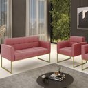 Ver imagem 2 de Sofá Namoradeira e 1 Poltrona Base Industrial Dourado Ana Suede Rosê - Ibiza