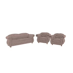 Um Sofá 3 Lugares + Duas Poltronas Chesterfield Merlo- Veludo Nude / decoração, sala de estar, re