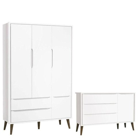 Cômoda Infantil com Porta e Guarda Roupa 3 Portas Theo Branco Acetinado com Pés Amadeirado ?