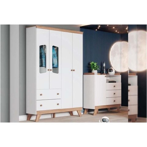 Quarto de Bebê Completo Confete 2 Peças (1 Guarda Roupa + 1 Cômoda) Qi66 Branco-jequitiba - Henn