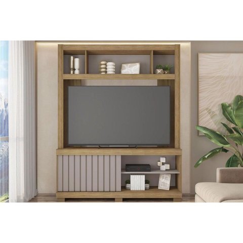 Rack Bancada C/ Painel P/ Tv até 65 Pol Cinne Ripado Pés 160x203cm Lamina Mel/cacao - Caemmun