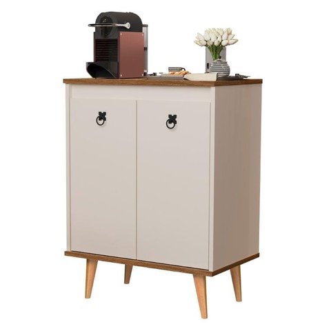 Buffet / Balcão Dr Estilo Retrô com Pés em Madeira Maciça 2 Portas Cor Off White / Freijó Jm