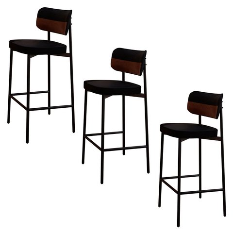 Banqueta Alta Bar Estofada Kit 3 Ella M25 Linho Preto/whisky - Mpozenato