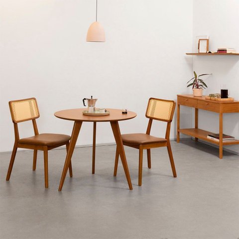 Conjunto Mesa de Jantar Square Laminada Tripé Redonda Natural - 88cm + 2 Cadeiras Lalá Encosto Palha