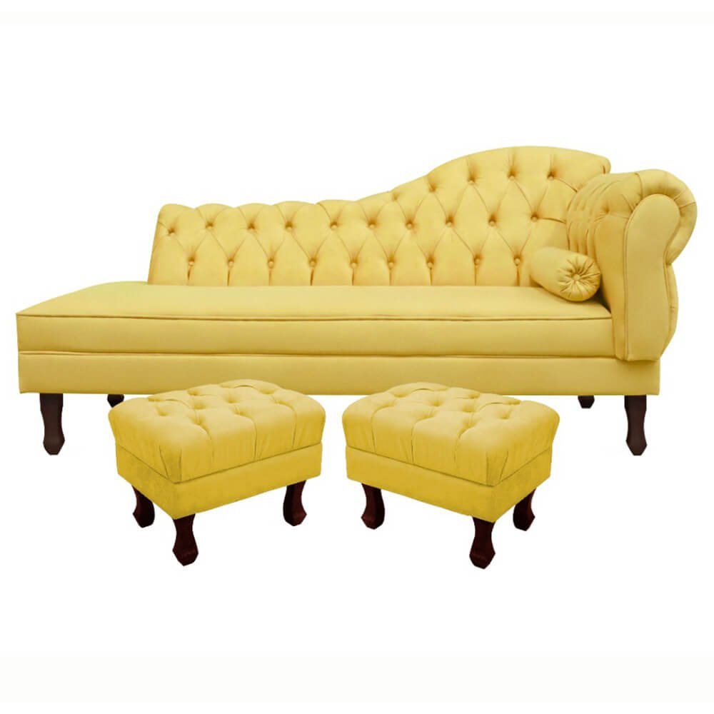 Divã Recamier Namoradeira Larissa 185cm com Capitonê - Esquerda + 02 Puffs Retrô Suede:amarelo