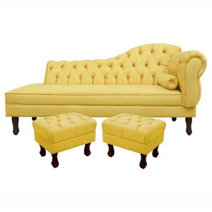 Divã Recamier Namoradeira Larissa 185cm com Capitonê - Esquerda + 02 Puffs Retrô Suede:amarelo