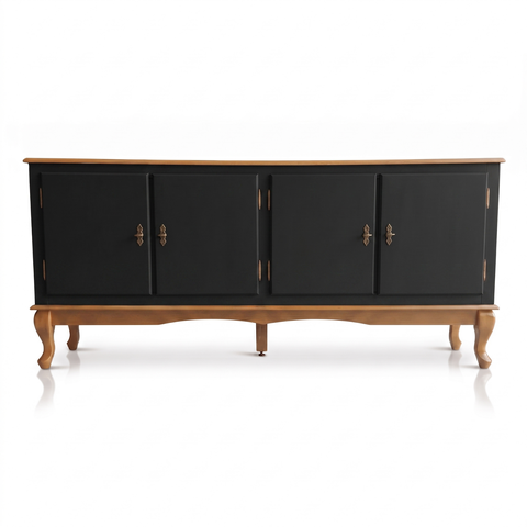 Rack 4 Portas Clássico Pés Luiz Xv Grande MDF Laca Sala Ecomem Preto - Imbuia