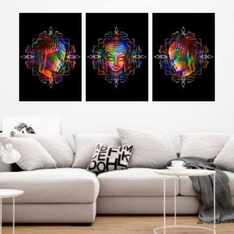 Kit 3 Quadros Buda Colorido Mandala 33x24cm - com vidro:Madeira preta