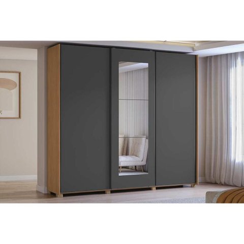 Guarda Roupa Casal 3 Portas de Correr (1 C/ Espelho) e 4 Gavetas C/ Pés Cb01t582 Canela/grafite -