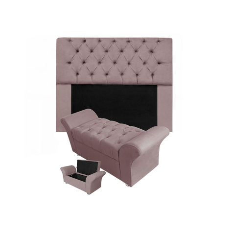 Conjunto Recamier Baú Veneza e Cabeceira Mirage Queen 160 Cm Suede Rose - Incasa Decor
