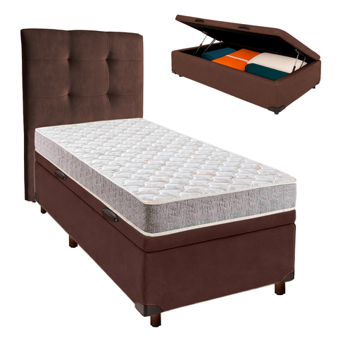Cama Box Bau + Colchão Solteiro D23 D23 Inducol + Cabeceira Estofada