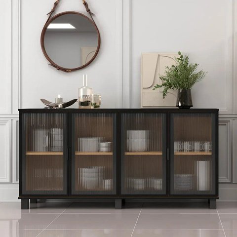 Aparador Buffet 4 Portas de Vidro Canelado 158,2cm com Pés Paris Preto/Riviera