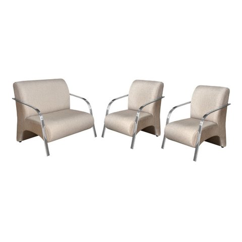 Conjunto Sevilha 2 Poltronas + 1 Namoradeira Braço Metal Decoração Recepção Sala - Linho Bege