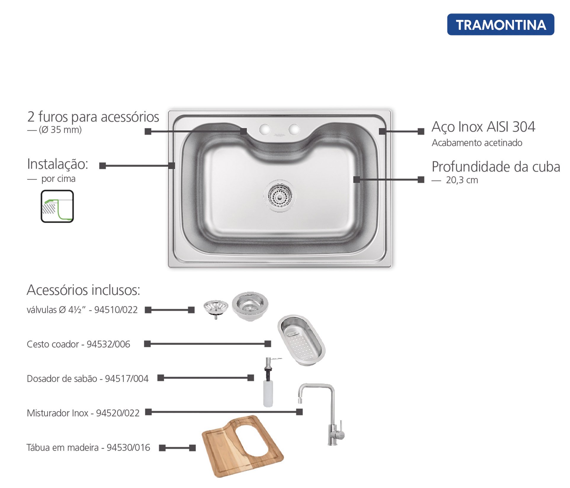 Cuba Tramontina Morgana 60 Fx de Sobrepor em Aço Inox 69x49 com Acessórios - 4