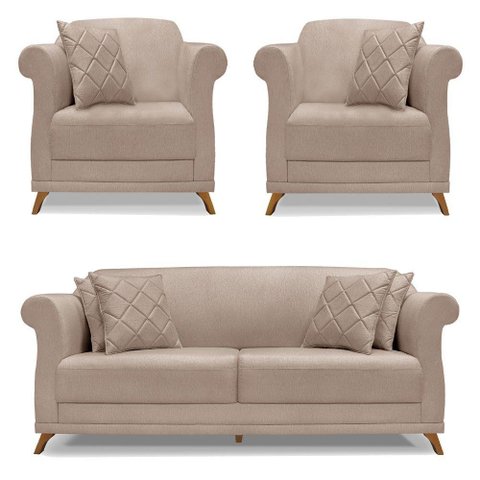 Kit 2 Poltronas e Sofá 2 Lugares 1,80m Areia Pés Castanho