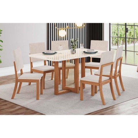 Sala de Jantar Completa Natalí C- Tampo Madeirado C- Vidro Curvo 160x80cm e 6 Cadeiras Milla Nature