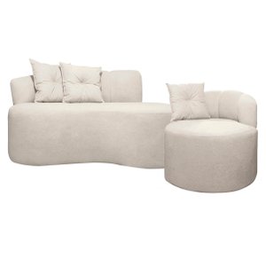 Kit Sofá Orgânico Plaza 2 Lugares 145cm e 1 Poltrona Linho Bouclê Bege Sofa Store