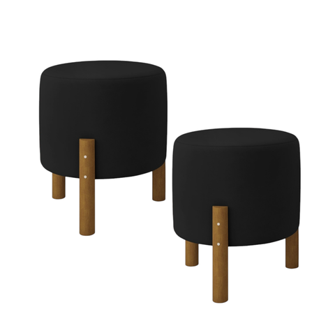 Kit 2 Puffs Decorativo Redondo Banqueta Sala Quarto Escritório Pés Madeira Zuppy - Preto Suede