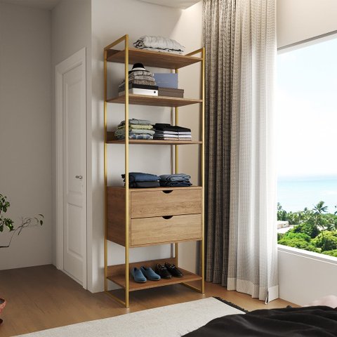 Guarda Roupa Aberto Industrial Solteiro 1 Módulo com Gaveta Amêndoa Base Dourada