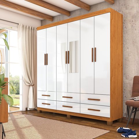 Guarda-Roupa 6 Portas 6 Gavetas com Espelho e Pés Denver Branco/Cinamomo