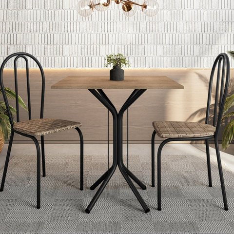 Conjunto Sala de Jantar para Cozinha Mesa Tampo BP Quadrada e 2 Cadeiras Juliete Yescasa Preto/Rattan/Demolição