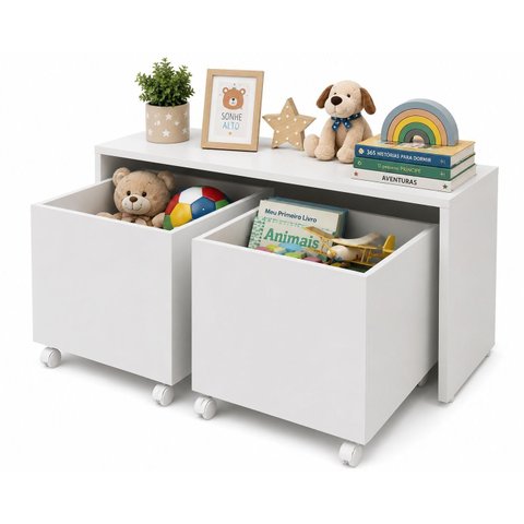 Mesa Infantil Organizadora com Baús e Rodizios Branco