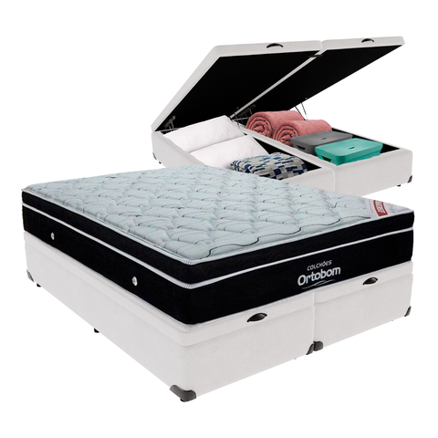 Cama Box Baú Bipartido Casal Branco e Colchão Elegant Superpocket Molas Ensacadas Ortobom