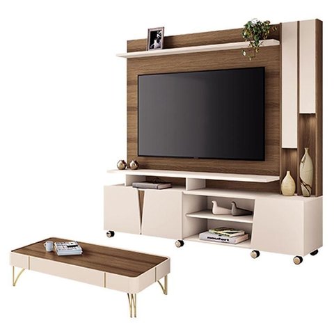 Estante Home Theater Virtus Castanho Off White com Mesa de Centro Cadenza Off White Castanho- Hb Mó