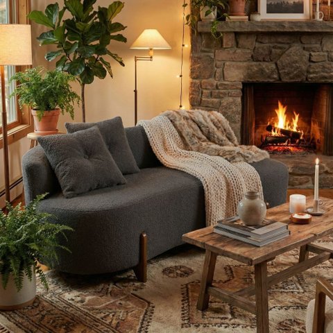 Sofá Orgânico c/2 Almofadas 1,40 cm Curvo Sala Recepção Luna Boucle Cinza Escuro - Montanaris Decor