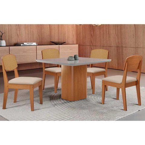 Sala Jantar Mesa Maldivas Tampo C/ Vidro Curvo 90cm+4 Cadeiras Havana Naturale/off White - Suede