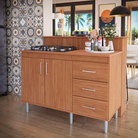 Kit Bancada Ilha para Cozinha + Balcão para Cooktop 1,20m 5 Bocas 2 Portas e 3 Gavetas Turim Nature