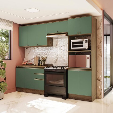 Armário de Cozinha Completa Torre Quente 100% Mdf 270cm Nogueira/verde Celeste Kappesberg