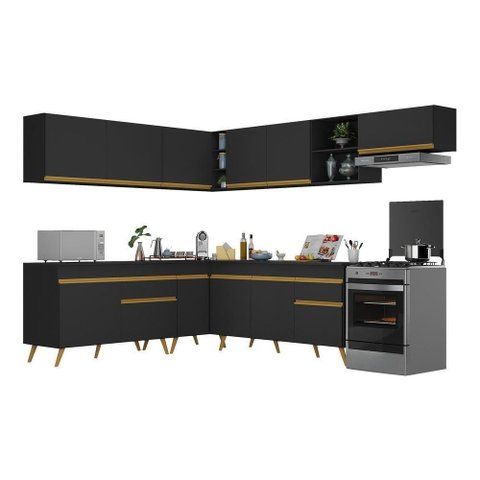 Armário de Cozinha Completa de Canto Veneza Multimóveis V2068 Preto/Dourado