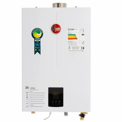 Aquecedor de Água a Gás Digital Rheem 26 Litros Gn Bivolt Branco 8 Sistemas de Segurança