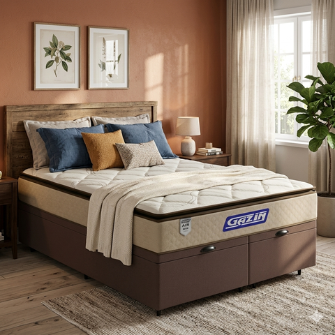 Cama Box Baú + Colchão Gazin de Molas Ensacadas Pillow Top Air Pro Queen 158 cm
