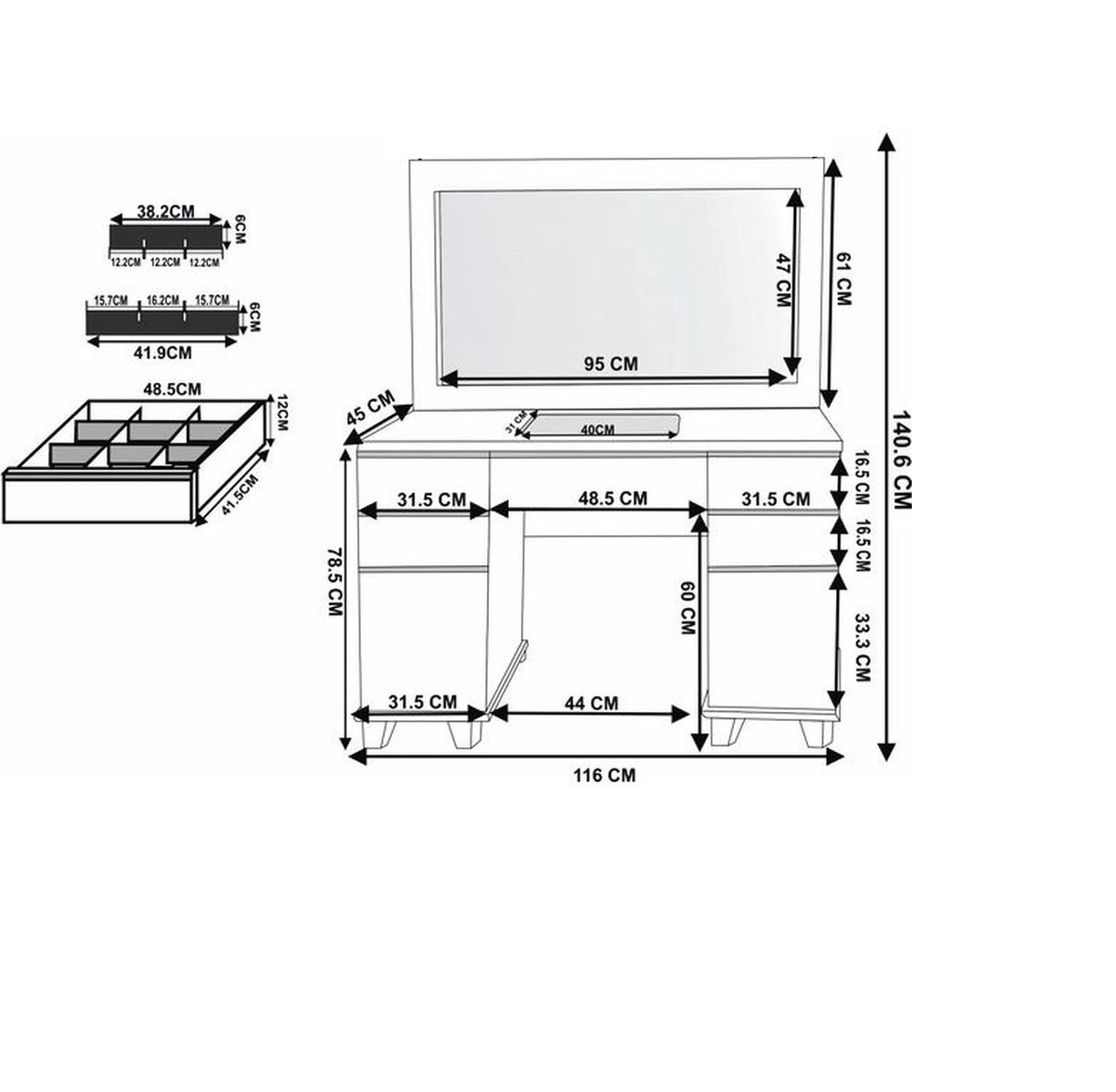 Penteadeira Camarim 5 Gavetas 2 Portas Estilo Moderno Branco com Banqueta - 4