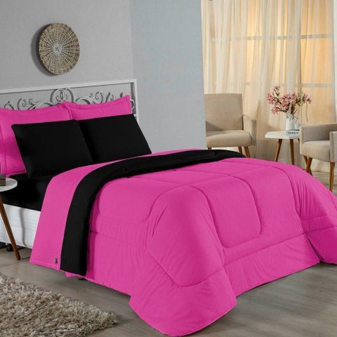 Kit Edredom Dupla Face + Jogo de Lençol Casal Viúva Nobre 6 Peças Malha 100% Algodão - Pink /