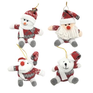 Kit 4 Bonecos Natalinos Pelúcia Pendente Vermelho e Cinza 14cm Papai Noel, Boneco de Neve, Rena e Ur