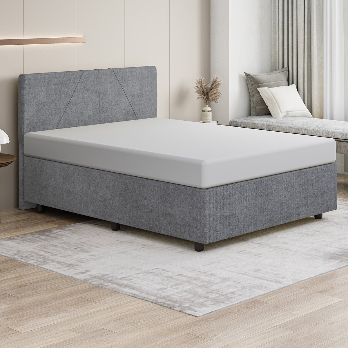 Base Cama Box Casal Veludo Bordado Cinza Skybox