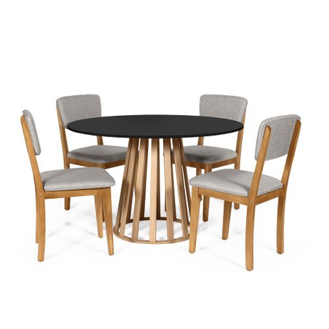 Mesa de Jantar Redonda Gabi Pret/jade com 4 Cadeiras Estofadas Ella Cinza Claro