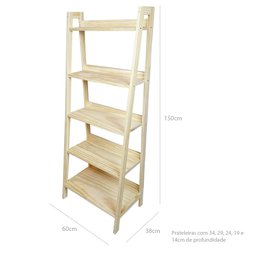 Estante Tipo Escada Pipa 5 Prat 150a X 60l X 38p em Madeira de Pinus - Natural - 5