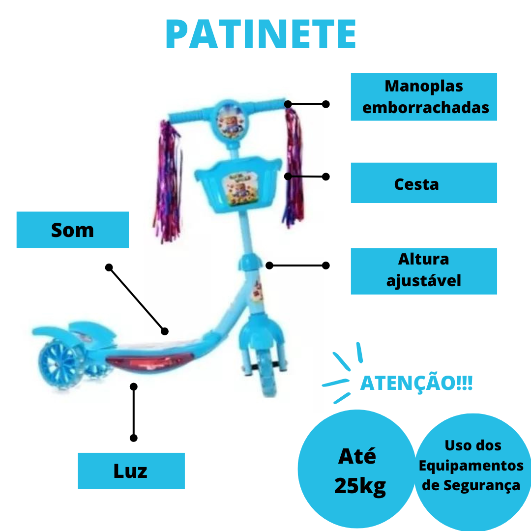 Patinete Infantil Bonecos com Luzes e Som Meninos - Azul - 2