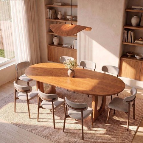 Conjunto de Jantar com Mesa Oval Tali 210cm e 8 Cadeiras Ema CabeCasa MadeiraOriginals Marrom/Bege