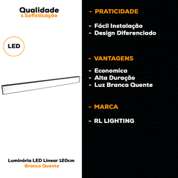 Luminária Led Linear Pendente 120cm 3600 Lúmen Branco Quente - 5
