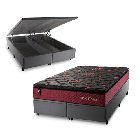 Conjunto Box Baú King Toronto Cinza 193x203x73 c/ Molas Ensacadas