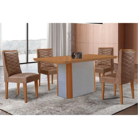 Conjunto: Mesa de Cozinha Pietá Tampo Curvo 120cm+4 Cadeiras Dafne Madeira Naturale/Off White -