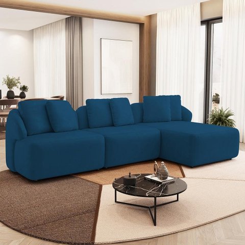 Sofá 3 Lugares com Chaise Direito Sala Living 248cm Arlo F04 Veludo Azul Marinho - Lyam Decor